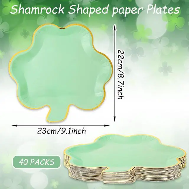 Alt view image 2 of 6 - Whaline 40Pcs St. Patrick's Day Paper Plates Mint Green Shamrock Shaped Disposable Plates Gold Foil Edged Dinnerware Plates for Irish Holiday Party Supplies Table Decor, 9.1x8.7 in