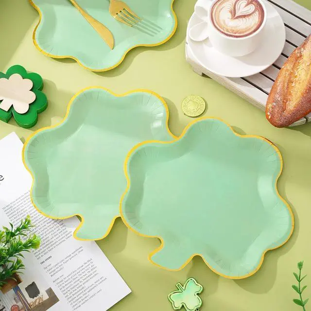 Alt view image 4 of 6 - Whaline 40Pcs St. Patrick's Day Paper Plates Mint Green Shamrock Shaped Disposable Plates Gold Foil Edged Dinnerware Plates for Irish Holiday Party Supplies Table Decor, 9.1x8.7 in