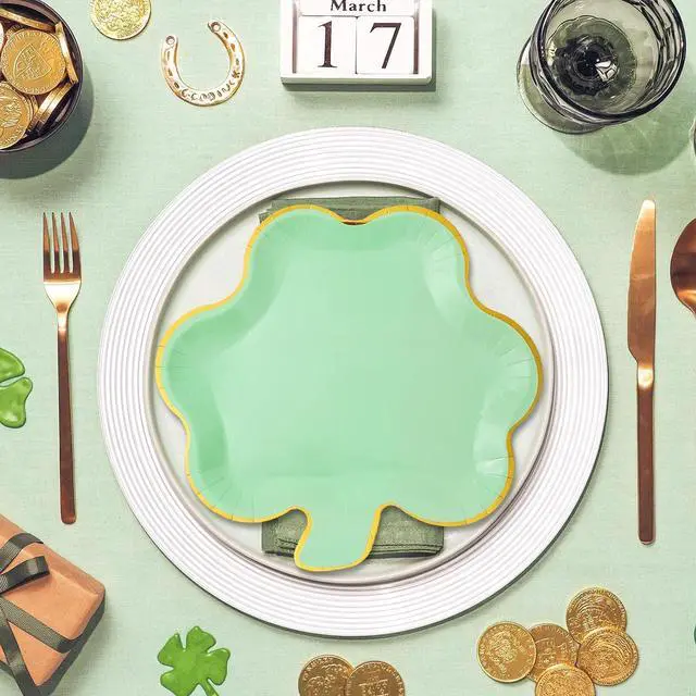 Alt view image 6 of 6 - Whaline 40Pcs St. Patrick's Day Paper Plates Mint Green Shamrock Shaped Disposable Plates Gold Foil Edged Dinnerware Plates for Irish Holiday Party Supplies Table Decor, 9.1x8.7 in