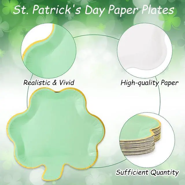 Alt view image 3 of 6 - Whaline 40Pcs St. Patrick's Day Paper Plates Mint Green Shamrock Shaped Disposable Plates Gold Foil Edged Dinnerware Plates for Irish Holiday Party Supplies Table Decor, 9.1x8.7 in