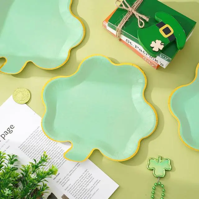 Alt view image 5 of 6 - Whaline 40Pcs St. Patrick's Day Paper Plates Mint Green Shamrock Shaped Disposable Plates Gold Foil Edged Dinnerware Plates for Irish Holiday Party Supplies Table Decor, 9.1x8.7 in