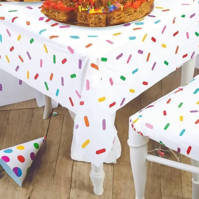 Alt view image 4 of 4 - Fun Express Birthday Sprinkle Table Cloth Roll - Plastic Table Cover Disposable 40 x 100 Foot - Party Tablecloth for Rectangle Table | Bulk Tablecloths for Birthday Party Supplies & Easy Cleanup