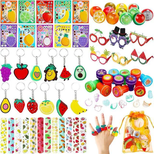 Main image of Blosssound 96 Pcs Fruit Party Favors Summer Theme Birthday Gifts Set Make a Fruit Sticker Stress Ball Slap Bracelet Glass Ring Keychain Stamper Gift Bag Piñata Fillers Classroom Prizes