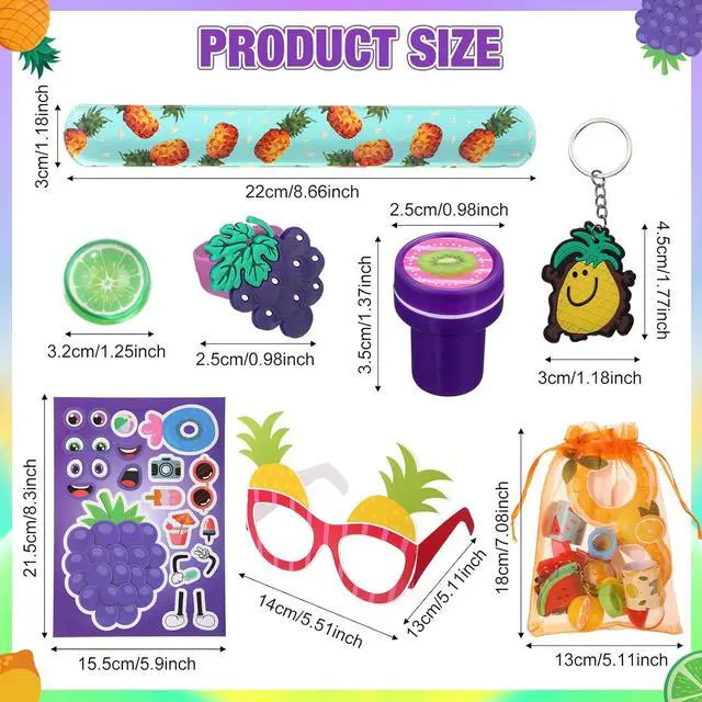 Alt view image 2 of 6 - Blosssound 96 Pcs Fruit Party Favors Summer Theme Birthday Gifts Set Make a Fruit Sticker Stress Ball Slap Bracelet Glass Ring Keychain Stamper Gift Bag Piñata Fillers Classroom Prizes