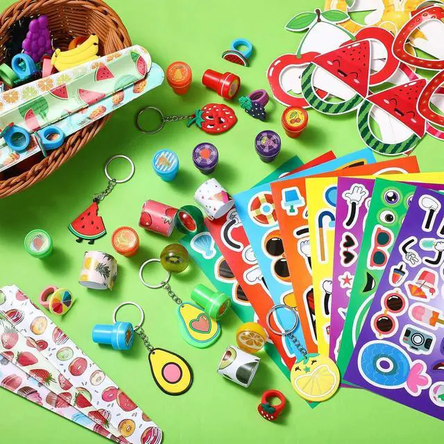 Alt view image 4 of 6 - Blosssound 96 Pcs Fruit Party Favors Summer Theme Birthday Gifts Set Make a Fruit Sticker Stress Ball Slap Bracelet Glass Ring Keychain Stamper Gift Bag Piñata Fillers Classroom Prizes