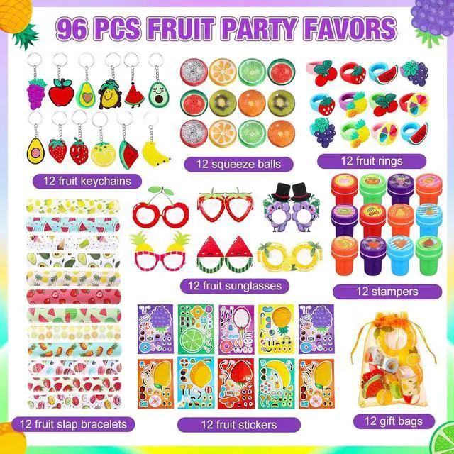 Alt view image 3 of 6 - Blosssound 96 Pcs Fruit Party Favors Summer Theme Birthday Gifts Set Make a Fruit Sticker Stress Ball Slap Bracelet Glass Ring Keychain Stamper Gift Bag Piñata Fillers Classroom Prizes