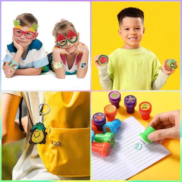 Alt view image 5 of 6 - Blosssound 96 Pcs Fruit Party Favors Summer Theme Birthday Gifts Set Make a Fruit Sticker Stress Ball Slap Bracelet Glass Ring Keychain Stamper Gift Bag Piñata Fillers Classroom Prizes