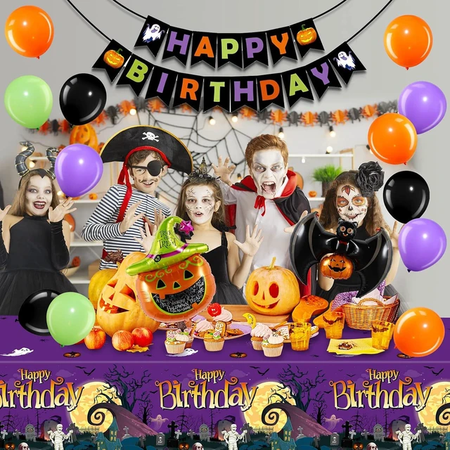 Alt view image 7 of 7 - Halloween Birthday Party Decorations, 102 Pcs Halloween Happy Birthday Banner, Confetti Pumpkin Cat Bat Balloon Arch Foil Fringe Curtain and Tablecloth for Kids Party Supplies