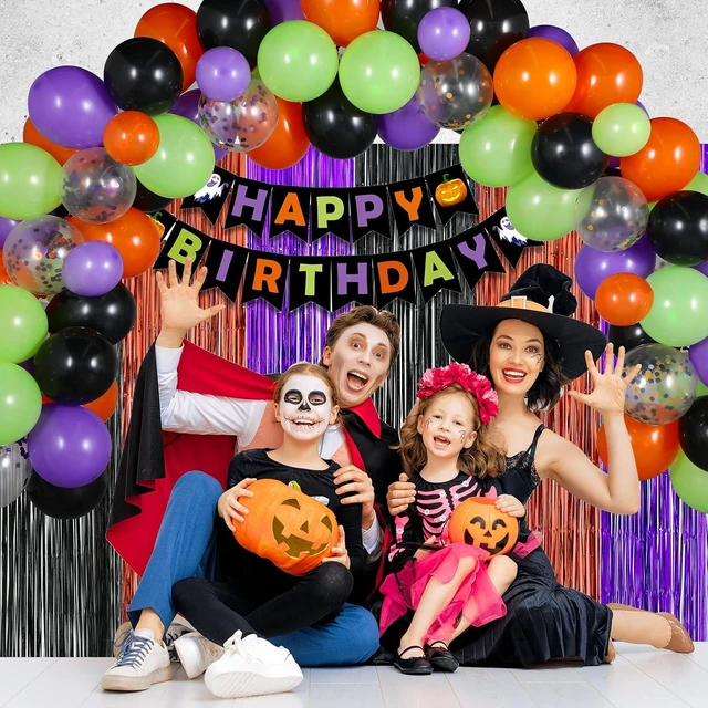 Alt view image 6 of 7 - Halloween Birthday Party Decorations, 102 Pcs Halloween Happy Birthday Banner, Confetti Pumpkin Cat Bat Balloon Arch Foil Fringe Curtain and Tablecloth for Kids Party Supplies