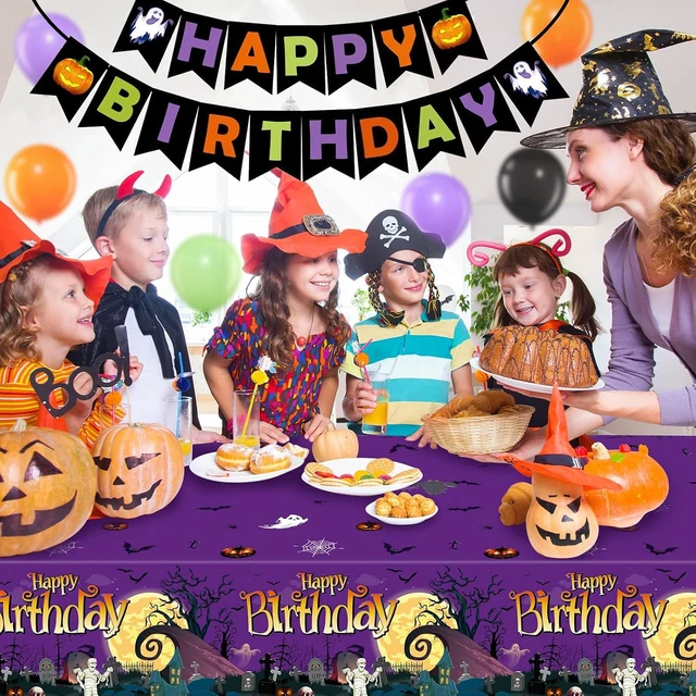 Alt view image 5 of 7 - Halloween Birthday Party Decorations, 102 Pcs Halloween Happy Birthday Banner, Confetti Pumpkin Cat Bat Balloon Arch Foil Fringe Curtain and Tablecloth for Kids Party Supplies