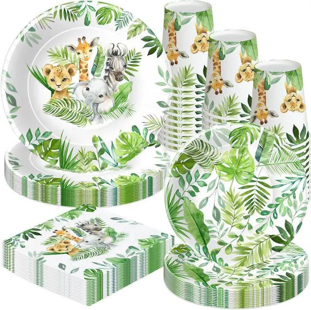Main image of Safari Jungle Theme Party Supplies For Boys - Jungle Birthday Baby Shower Decorations Tableware Include 9" Plates, 7" Plate, Cups, Napkins, Safari Party Decorations | Serve 48