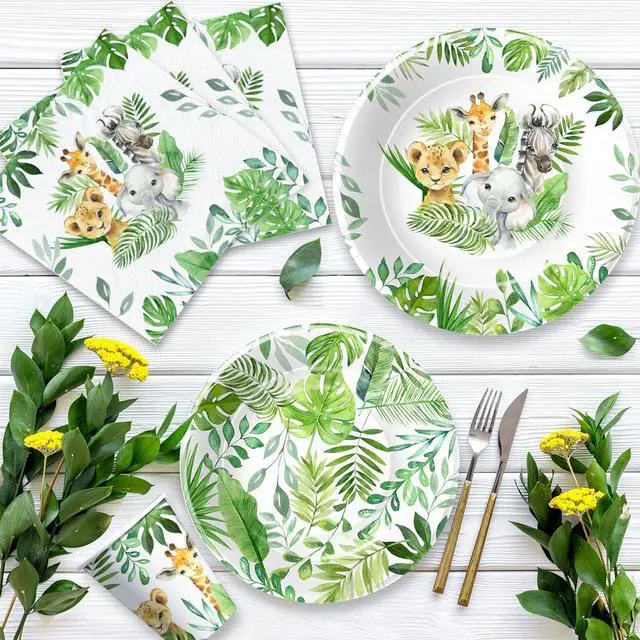Alt view image 3 of 7 - Safari Jungle Theme Party Supplies For Boys - Jungle Birthday Baby Shower Decorations Tableware Include 9" Plates, 7" Plate, Cups, Napkins, Safari Party Decorations | Serve 48