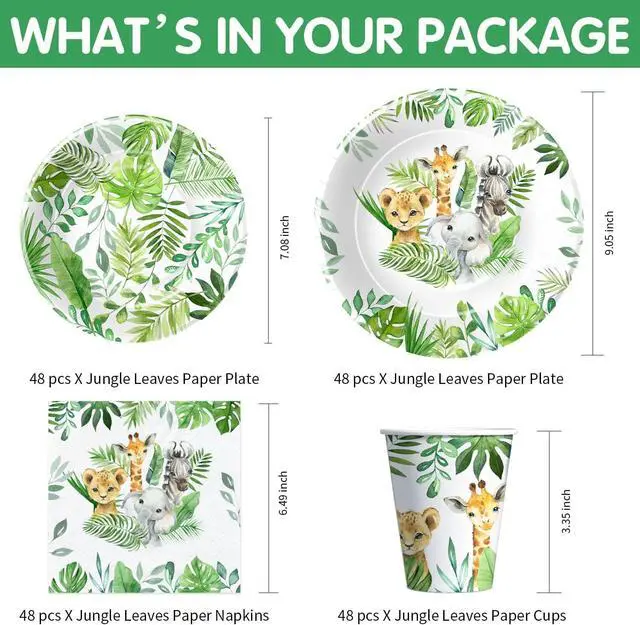 Alt view image 2 of 7 - Safari Jungle Theme Party Supplies For Boys - Jungle Birthday Baby Shower Decorations Tableware Include 9" Plates, 7" Plate, Cups, Napkins, Safari Party Decorations | Serve 48