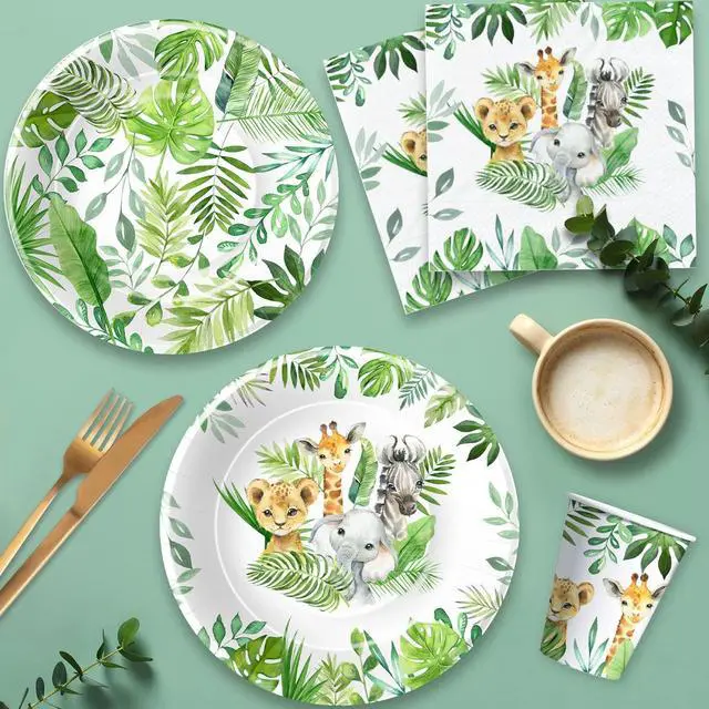 Alt view image 4 of 7 - Safari Jungle Theme Party Supplies For Boys - Jungle Birthday Baby Shower Decorations Tableware Include 9" Plates, 7" Plate, Cups, Napkins, Safari Party Decorations | Serve 48