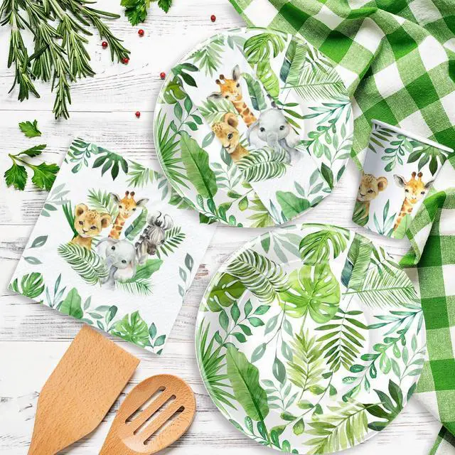 Alt view image 6 of 7 - Safari Jungle Theme Party Supplies For Boys - Jungle Birthday Baby Shower Decorations Tableware Include 9" Plates, 7" Plate, Cups, Napkins, Safari Party Decorations | Serve 48