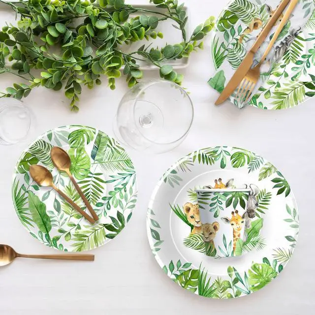 Alt view image 7 of 7 - Safari Jungle Theme Party Supplies For Boys - Jungle Birthday Baby Shower Decorations Tableware Include 9" Plates, 7" Plate, Cups, Napkins, Safari Party Decorations | Serve 48
