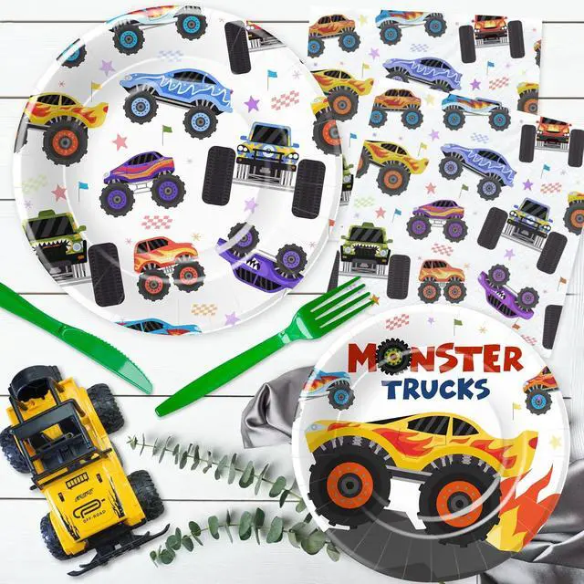 Alt view image 4 of 7 - APOWBLS Monster Truck Birthday Party Supplies, Monster Theme Jam Party Decorations Tableware, Paper Plates and Napkins Set, Cup, Tablecloth, Disposable Cutlery, Straw | Serves 24