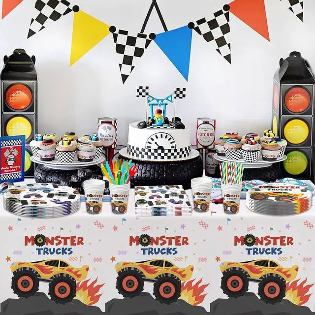 Alt view image 5 of 7 - APOWBLS Monster Truck Birthday Party Supplies, Monster Theme Jam Party Decorations Tableware, Paper Plates and Napkins Set, Cup, Tablecloth, Disposable Cutlery, Straw | Serves 24