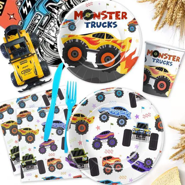 Alt view image 6 of 7 - APOWBLS Monster Truck Birthday Party Supplies, Monster Theme Jam Party Decorations Tableware, Paper Plates and Napkins Set, Cup, Tablecloth, Disposable Cutlery, Straw | Serves 24