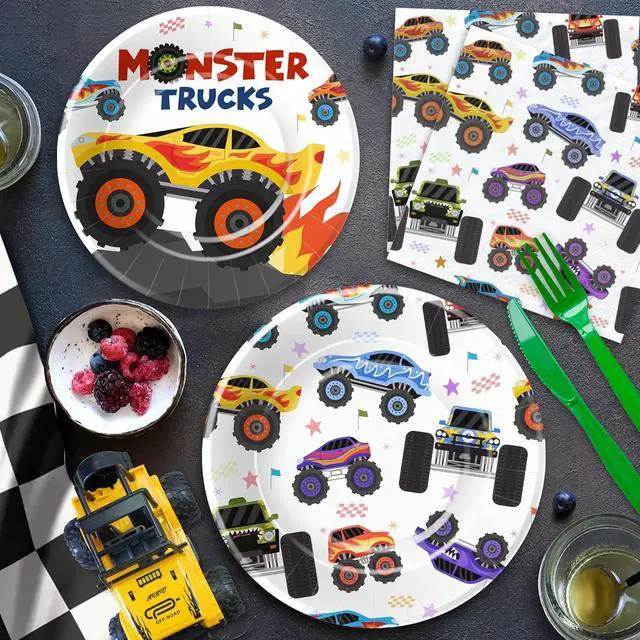Alt view image 7 of 7 - APOWBLS Monster Truck Birthday Party Supplies, Monster Theme Jam Party Decorations Tableware, Paper Plates and Napkins Set, Cup, Tablecloth, Disposable Cutlery, Straw | Serves 24
