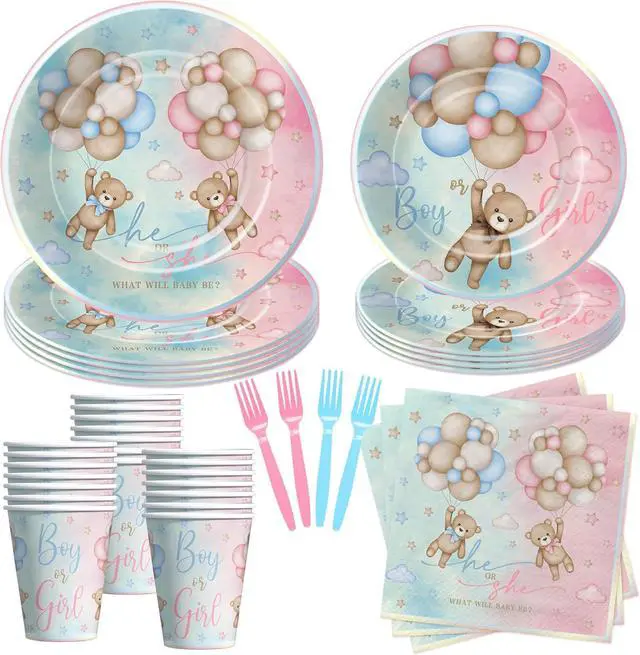 Main image of Bear Gender Reveal Decorations Party Tableware - Bear Boy Or Girl Gender Reveal Supplies, Paper Plate, Cup, Napkin, Disposable Fork, He Or She Gender Reveal Table Decorations | Serve 24