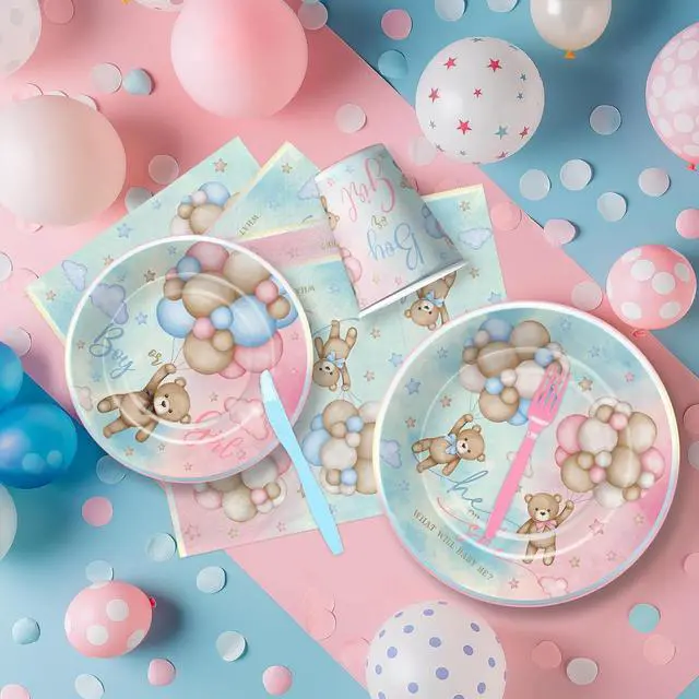 Alt view image 7 of 7 - Bear Gender Reveal Decorations Party Tableware - Bear Boy Or Girl Gender Reveal Supplies, Paper Plate, Cup, Napkin, Disposable Fork, He Or She Gender Reveal Table Decorations | Serve 24