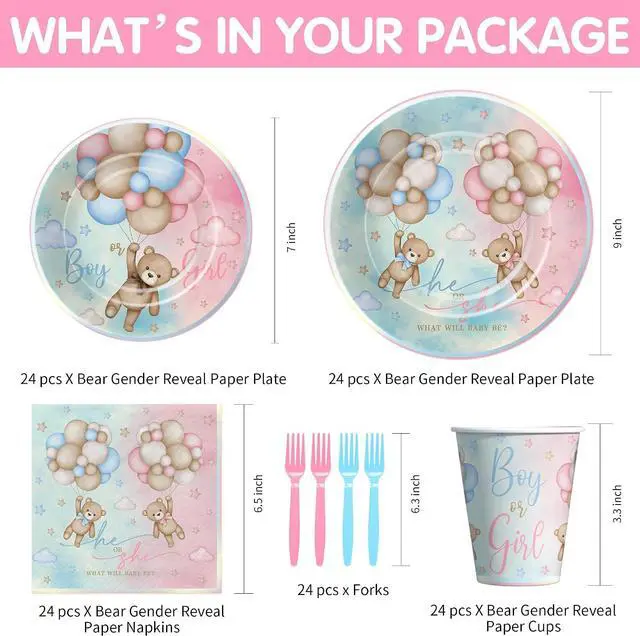 Alt view image 2 of 7 - Bear Gender Reveal Decorations Party Tableware - Bear Boy Or Girl Gender Reveal Supplies, Paper Plate, Cup, Napkin, Disposable Fork, He Or She Gender Reveal Table Decorations | Serve 24