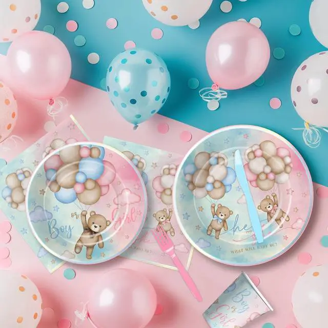 Alt view image 3 of 7 - Bear Gender Reveal Decorations Party Tableware - Bear Boy Or Girl Gender Reveal Supplies, Paper Plate, Cup, Napkin, Disposable Fork, He Or She Gender Reveal Table Decorations | Serve 24