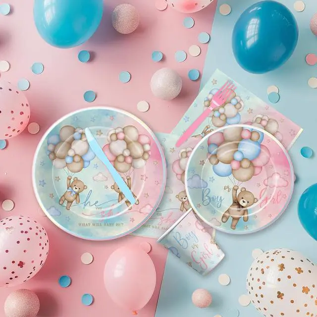 Alt view image 4 of 7 - Bear Gender Reveal Decorations Party Tableware - Bear Boy Or Girl Gender Reveal Supplies, Paper Plate, Cup, Napkin, Disposable Fork, He Or She Gender Reveal Table Decorations | Serve 24