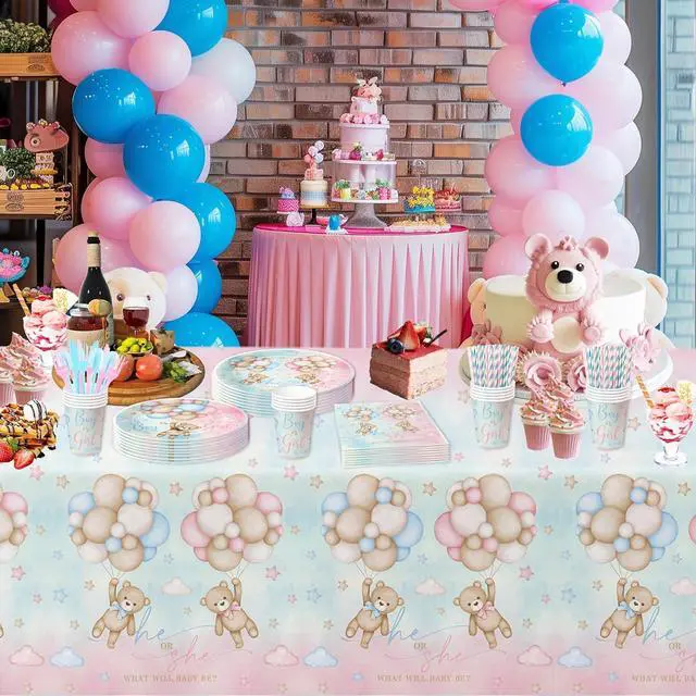 Alt view image 5 of 7 - Bear Gender Reveal Decorations Party Tableware - Bear Boy Or Girl Gender Reveal Supplies, Paper Plate, Cup, Napkin, Disposable Fork, He Or She Gender Reveal Table Decorations | Serve 24