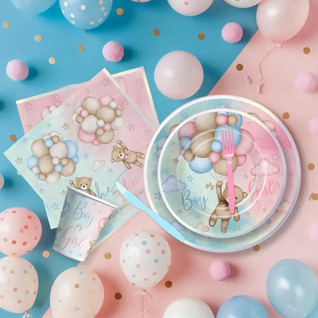 Alt view image 6 of 7 - Bear Gender Reveal Decorations Party Tableware - Bear Boy Or Girl Gender Reveal Supplies, Paper Plate, Cup, Napkin, Disposable Fork, He Or She Gender Reveal Table Decorations | Serve 24