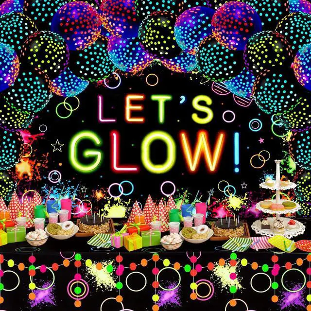 Main image of 57 Pcs Let Glow Neon Party Supplies Including Glow in the Dark Decoration Backdrop Banner, Garlands, Tablecloth, Luminous Helium Latex Balloon(Round Dot,Clear, Black)