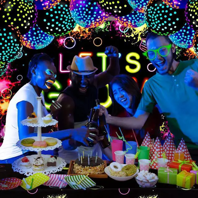 Alt view image 2 of 7 - 57 Pcs Let Glow Neon Party Supplies Including Glow in the Dark Decoration Backdrop Banner, Garlands, Tablecloth, Luminous Helium Latex Balloon(Round Dot,Clear, Black)
