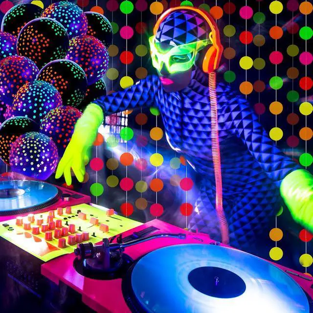 Alt view image 3 of 7 - 57 Pcs Let Glow Neon Party Supplies Including Glow in the Dark Decoration Backdrop Banner, Garlands, Tablecloth, Luminous Helium Latex Balloon(Round Dot,Clear, Black)