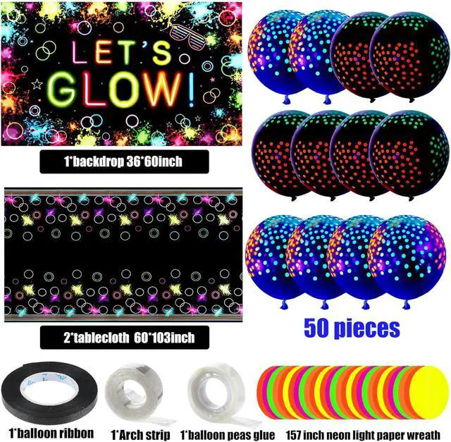 Alt view image 4 of 7 - 57 Pcs Let Glow Neon Party Supplies Including Glow in the Dark Decoration Backdrop Banner, Garlands, Tablecloth, Luminous Helium Latex Balloon(Round Dot,Clear, Black)