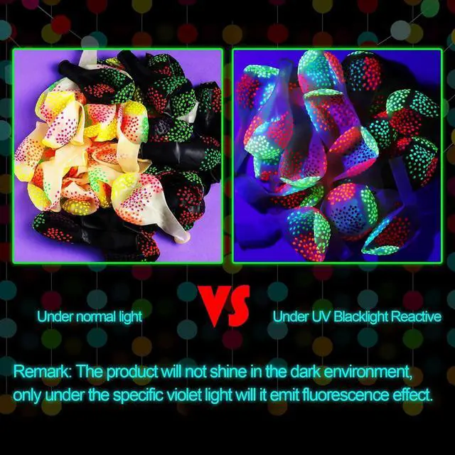 Alt view image 5 of 7 - 57 Pcs Let Glow Neon Party Supplies Including Glow in the Dark Decoration Backdrop Banner, Garlands, Tablecloth, Luminous Helium Latex Balloon(Round Dot,Clear, Black)