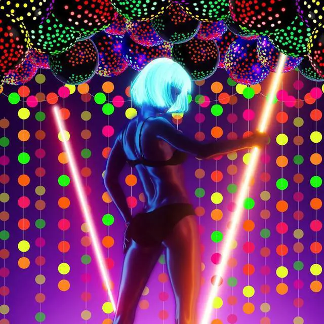 Alt view image 7 of 7 - 57 Pcs Let Glow Neon Party Supplies Including Glow in the Dark Decoration Backdrop Banner, Garlands, Tablecloth, Luminous Helium Latex Balloon(Round Dot,Clear, Black)