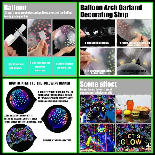 Alt view image 6 of 7 - 57 Pcs Let Glow Neon Party Supplies Including Glow in the Dark Decoration Backdrop Banner, Garlands, Tablecloth, Luminous Helium Latex Balloon(Round Dot,Clear, Black)