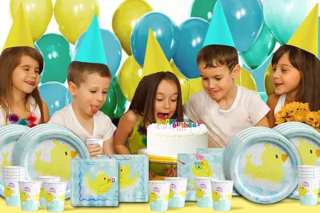 Alt view image 7 of 7 - Rubber Ducky Birthday Party Supplies Set Plates Napkins Cups Tableware Kit for 16