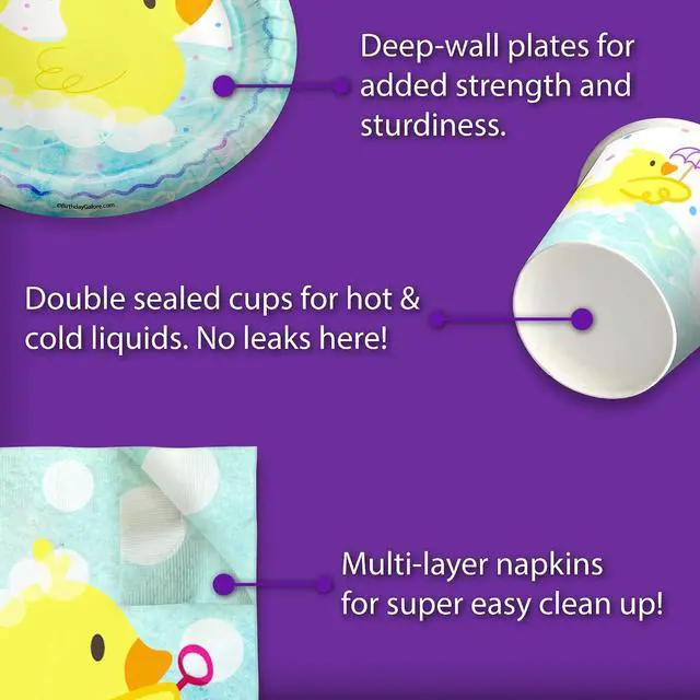 Alt view image 5 of 7 - Rubber Ducky Birthday Party Supplies Set Plates Napkins Cups Tableware Kit for 16