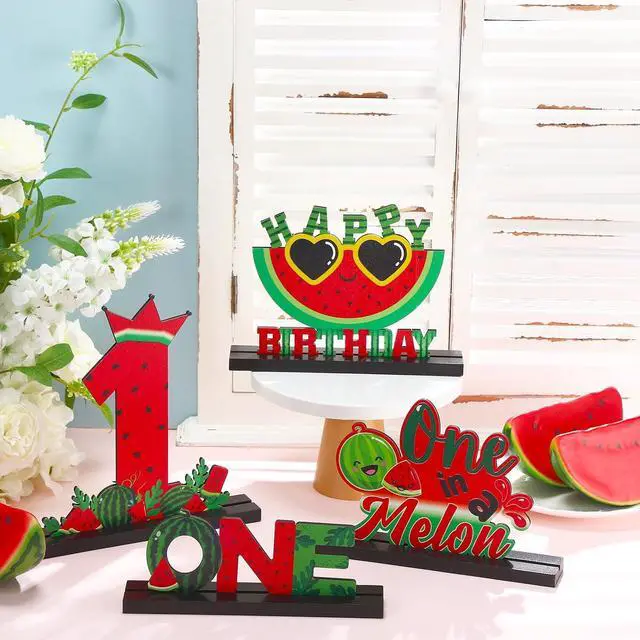 Alt view image 3 of 6 - Riyiper 4 Pcs Watermelon One Letter Sign One in a Melon Wooden Birthday Table Centerpieces Summer Fruit Party Decorations One Year Old Birthday Table Decor for Boys Photo Props Baby Shower