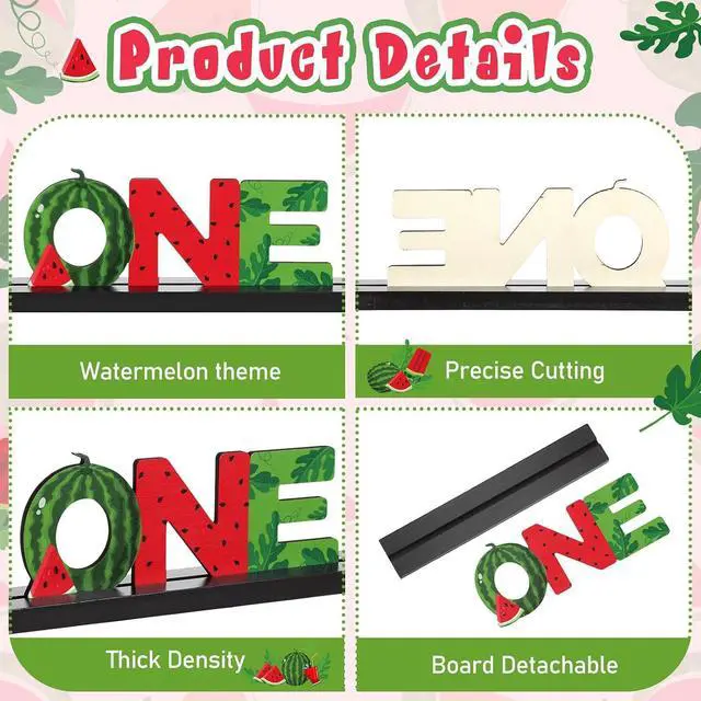 Alt view image 5 of 6 - Riyiper 4 Pcs Watermelon One Letter Sign One in a Melon Wooden Birthday Table Centerpieces Summer Fruit Party Decorations One Year Old Birthday Table Decor for Boys Photo Props Baby Shower