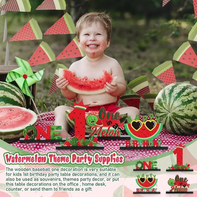 Alt view image 4 of 6 - Riyiper 4 Pcs Watermelon One Letter Sign One in a Melon Wooden Birthday Table Centerpieces Summer Fruit Party Decorations One Year Old Birthday Table Decor for Boys Photo Props Baby Shower