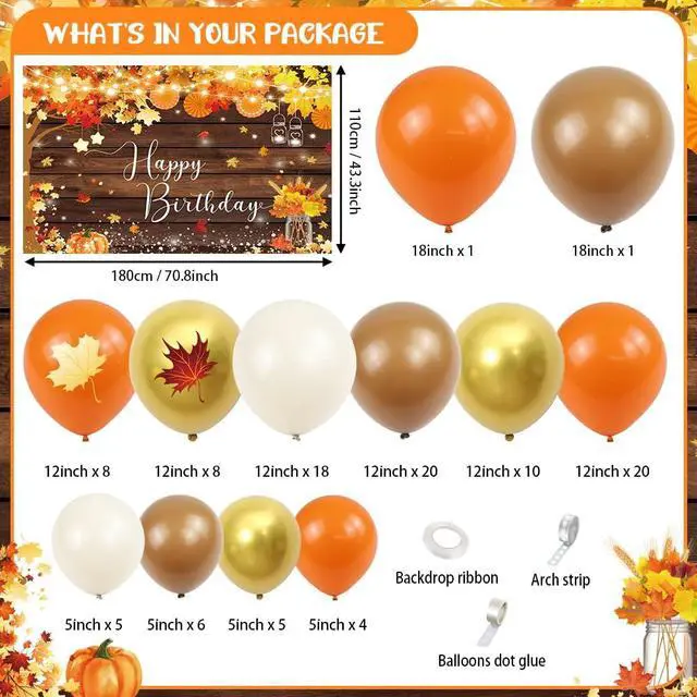 Alt view image 2 of 7 - AIBIIN 110Pcs Fall Happy Birthday Decorations, Autumn Maples Leaf Balloon Garland Arch Kit and Bday Rustic Wooden Photography Background for Harvest Birthday Party Supplies