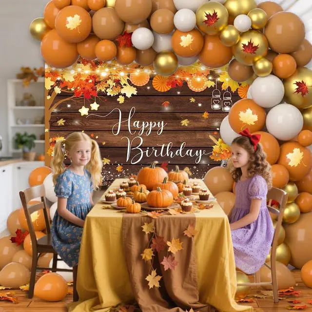Alt view image 4 of 7 - AIBIIN 110Pcs Fall Happy Birthday Decorations, Autumn Maples Leaf Balloon Garland Arch Kit and Bday Rustic Wooden Photography Background for Harvest Birthday Party Supplies