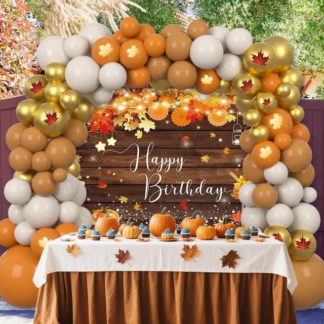 Alt view image 5 of 7 - AIBIIN 110Pcs Fall Happy Birthday Decorations, Autumn Maples Leaf Balloon Garland Arch Kit and Bday Rustic Wooden Photography Background for Harvest Birthday Party Supplies