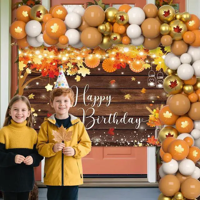 Alt view image 7 of 7 - AIBIIN 110Pcs Fall Happy Birthday Decorations, Autumn Maples Leaf Balloon Garland Arch Kit and Bday Rustic Wooden Photography Background for Harvest Birthday Party Supplies