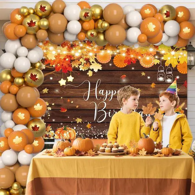 Alt view image 6 of 7 - AIBIIN 110Pcs Fall Happy Birthday Decorations, Autumn Maples Leaf Balloon Garland Arch Kit and Bday Rustic Wooden Photography Background for Harvest Birthday Party Supplies