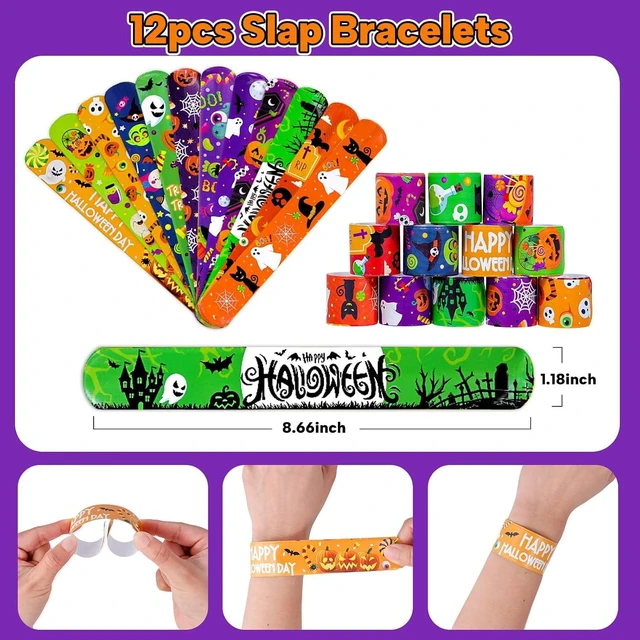 Alt view image 3 of 7 - Halloween Party Favors for Kids - 350pcs Halloween Treats Bulk for Kids, Goody Bag Fillers including Stamper Tattoos Slap Bracelets Halloween Prizes for Classroom Reward Non Candy Party Supplies