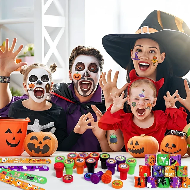 Alt view image 5 of 7 - Halloween Party Favors for Kids - 350pcs Halloween Treats Bulk for Kids, Goody Bag Fillers including Stamper Tattoos Slap Bracelets Halloween Prizes for Classroom Reward Non Candy Party Supplies